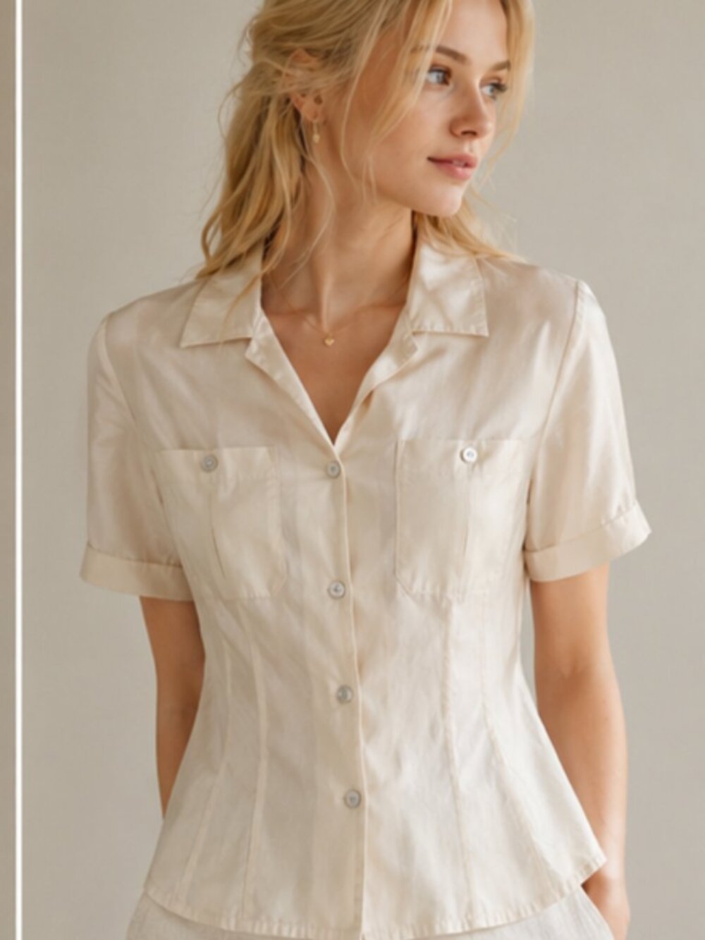 Vintage Edward Petites Cream Short Sleeve Button Front Silk Blouse